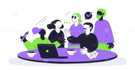 Diversity and inclusion in the workplace is depicted with diverse characters collaborating around a table. Key objects, laptop, coffee cups. Playful style.