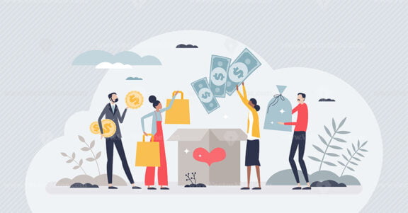 Donating to charitable organization and charity project tiny person concept