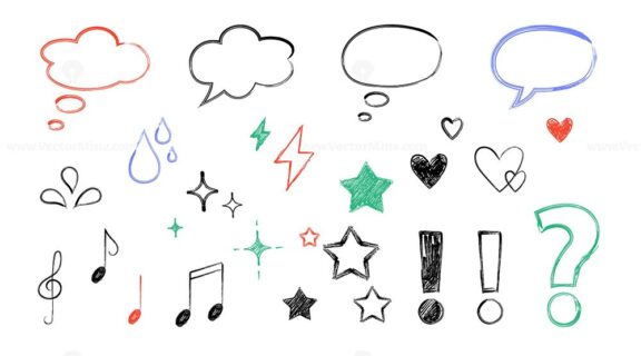 Doodle elements like speech bubbles, stars, and music notes convey creativity and expression.