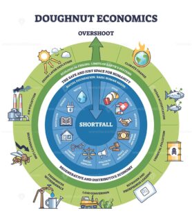Doughnut Economics focuses on balancing human needs within ecological limits. Key objects, outer ring, inner ring, icons. Outline diagram.