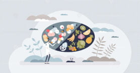 Drug interactions as pills and food medical side effects tiny person concept