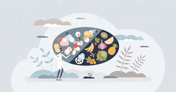 Drug interactions as pills and food medical side effects tiny person concept