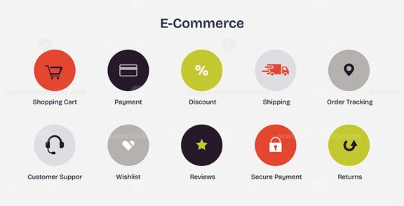 E-Commerce icons set with shopping cart, payment, and discount symbols. Icons set