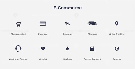 E-Commerce icons set featuring shopping cart, payment, and shipping symbols. Icons set