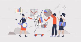 E-commerce analytics and sales calculation neubrutalism tiny person concept