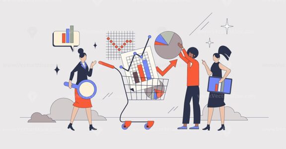 E-commerce analytics and sales calculation neubrutalism tiny person concept