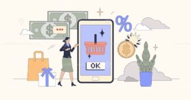 E-commerce marketing with advertisements tiny person neubrutalism concept