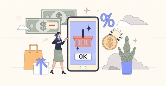 E-commerce marketing with advertisements tiny person neubrutalism concept