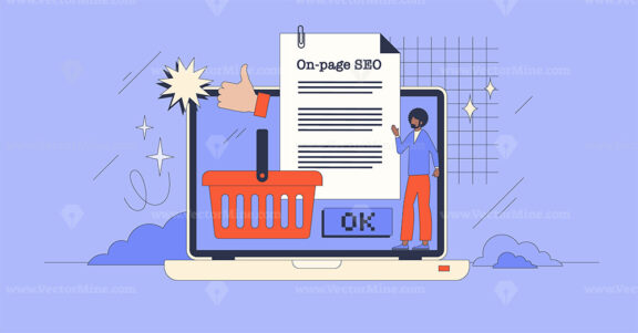 E-commerce SEO guide for effective website keywords retro tiny person concept