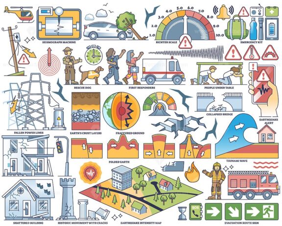 Earthquake or other nature disaster rescue elements in outline collection