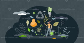 Eco life as ecological lifestyle as green resources usage tiny person concept