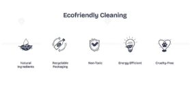 Ecofriendly cleaning icons show natural ingredients, recyclable packaging, and non-toxic elements. Doodle style icons