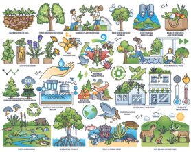 Ecosystem services items with environment protection outline collection set