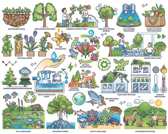 Ecosystem services items with environment protection outline collection set