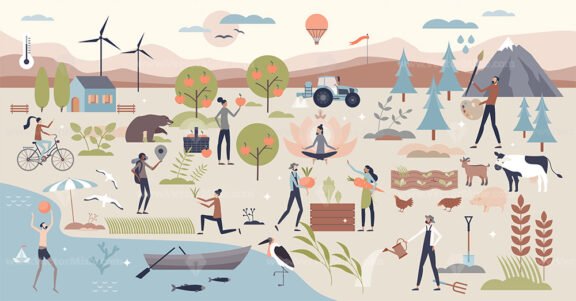 Ecosystem services and environmental activities tiny person collection set