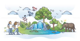 Ecotourism and couple hiking together outdoors in nature outline concept