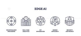 Outline icons set depicting decentralized processing, real-time analytics, IoT integration, energy efficiency, and security and privacy.