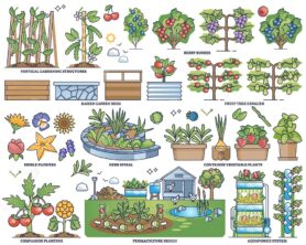 Edible gardens and design for food growth and horticulture outline collection
