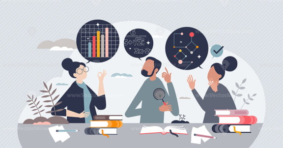 Education and learning from teachers and scientists tiny person concept
