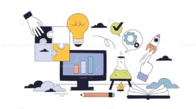 STEM education illustrated with a computer, lightbulb, and flask, representing innovation, science, and technology. Doodle style