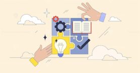 Effective competence is depicted through puzzle pieces with gears, a book, and a lightbulb, symbolizing knowledge and innovation. Neubrutalism style.
