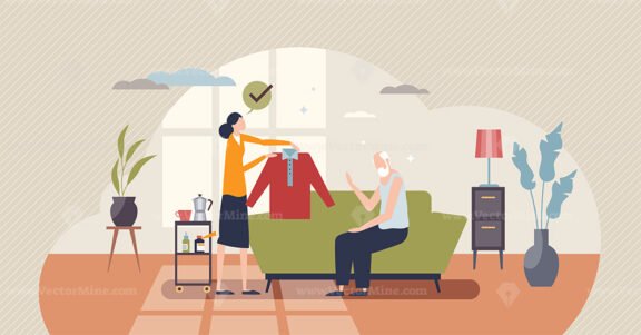 Elderly in home care as hospice for pensioner support tiny person concept