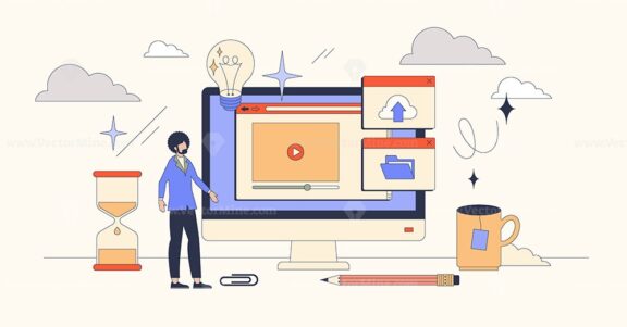 E-learning with distant education platform tiny person neubrutalism concept