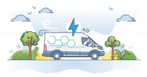 Electric van and logistics company car with electricity power outline concept