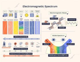 Electromagnetic spectrum diagram shows waves, frequency, and visible light spectrum. Neubrutalism style diagram.
