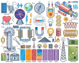 Electromagnetism as electric wave an electricity items outline collection set