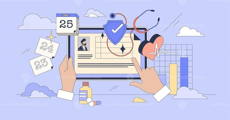 Electronic health record with patient data tiny person neubrutalism concept