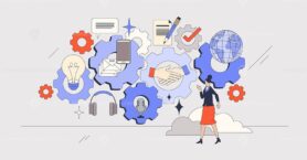 Elements of business communication and conversation retro tiny person concept