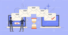 Email automation and message letters sending tool retro tiny person concept