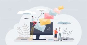 Email campaign as digital letter sending with offers tiny person concept