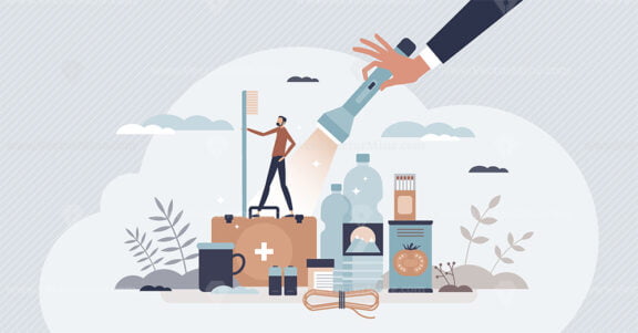 Emergency crisis preparedness with basic essential items tiny person concept