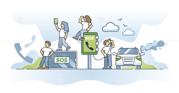 Emergency services and safety as assistance help on road outline concept