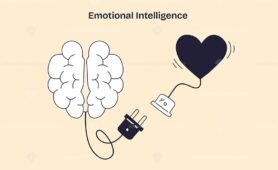 Emotional Intelligence shows a brain and heart connected by a power plug, symbolizing the link between emotion and logic. Doodle style diagram