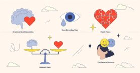 Emotional intelligence is depicted through brain-heart connection, balanced scale, and puzzle heart. Neubrutalism style collection