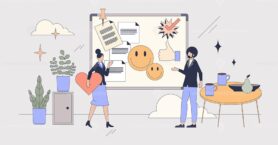 Employee engagement and work satisfaction tiny peron neubrutalism concept