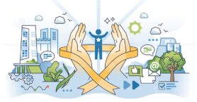 Employee retention with human resources management outline hands concept