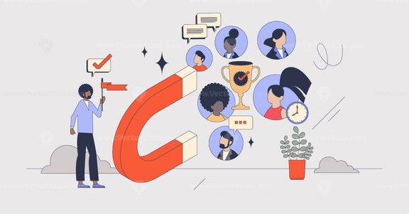 Employee retention strategies for loyal work team retro tiny person concept