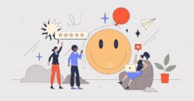 Employee satisfaction and staff loyalty survey retro tiny person concept