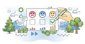 Employee survey with work satisfaction feedback ratings outline hands concept