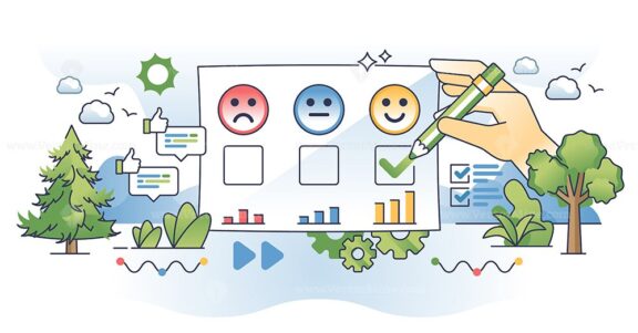 Employee survey with work satisfaction feedback ratings outline hands concept