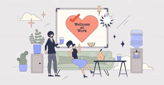 Employee wellness programs for wellbeing tiny person neubrutalism concept