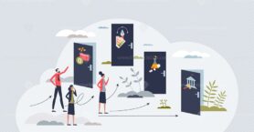 Employment solutions and career choice possibility tiny person concept