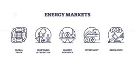 Energy markets icons depict global trade, renewable integration, and regulation with symbols like globe, wind turbine, and gavel. Outline icons set.