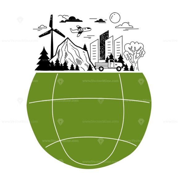 Environment_Doodle, A globe with nature and urban elements like wind turbines, mountains, and buildings, symbolizing sustainable coexistence.