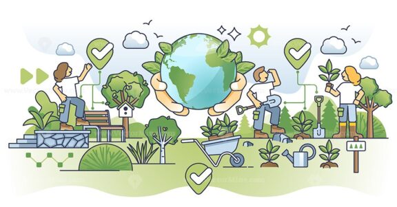 Environmental awareness and forest conservation with plants outline concept