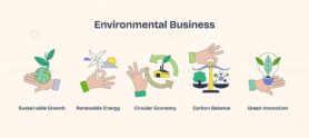 Environmental business depicted through hands holding Earth, wind turbine, and scales. Neubrutalism hands concept